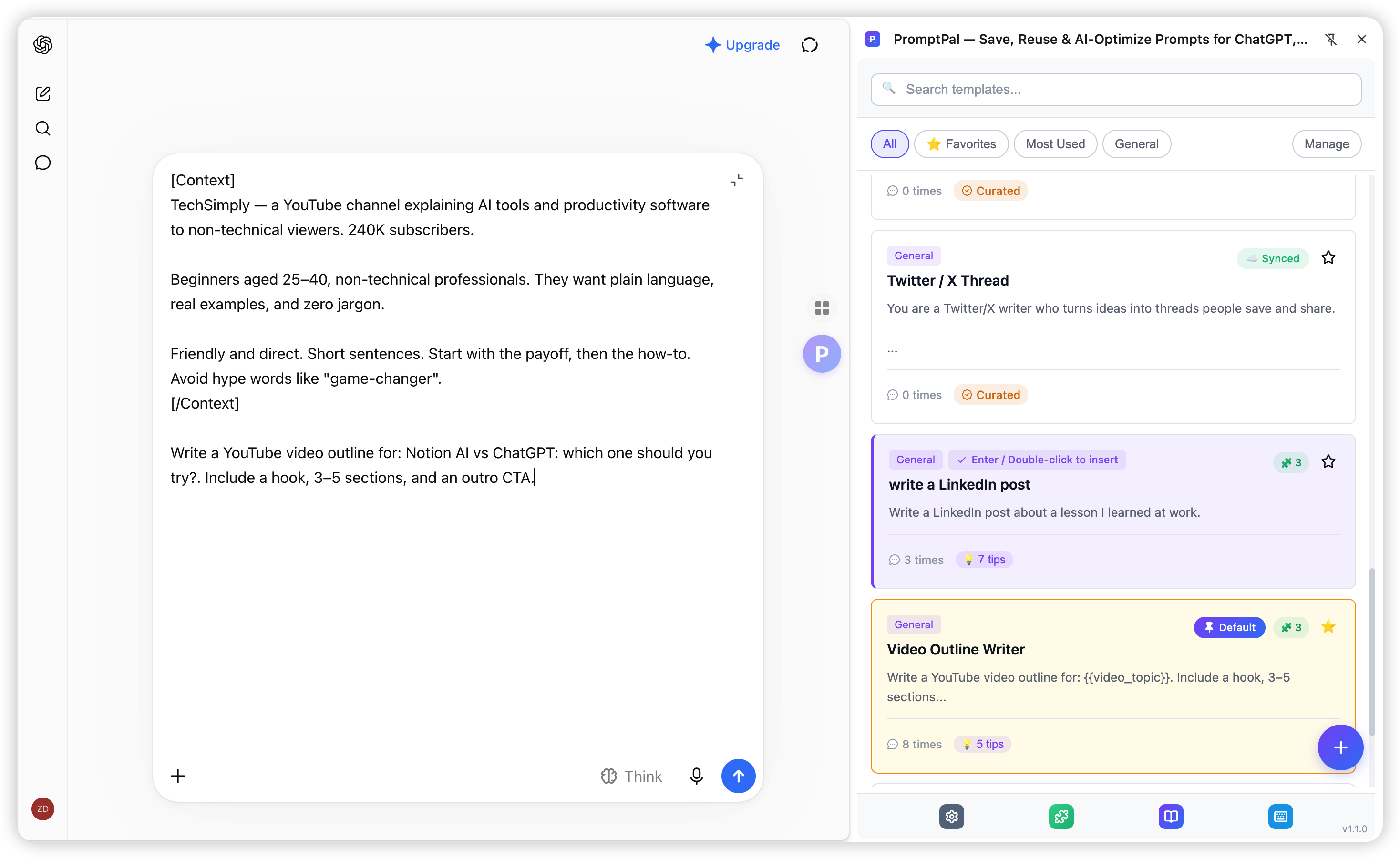 PromptPal context blocks: the inserted prompt automatically carries your saved background inside [Context] tags