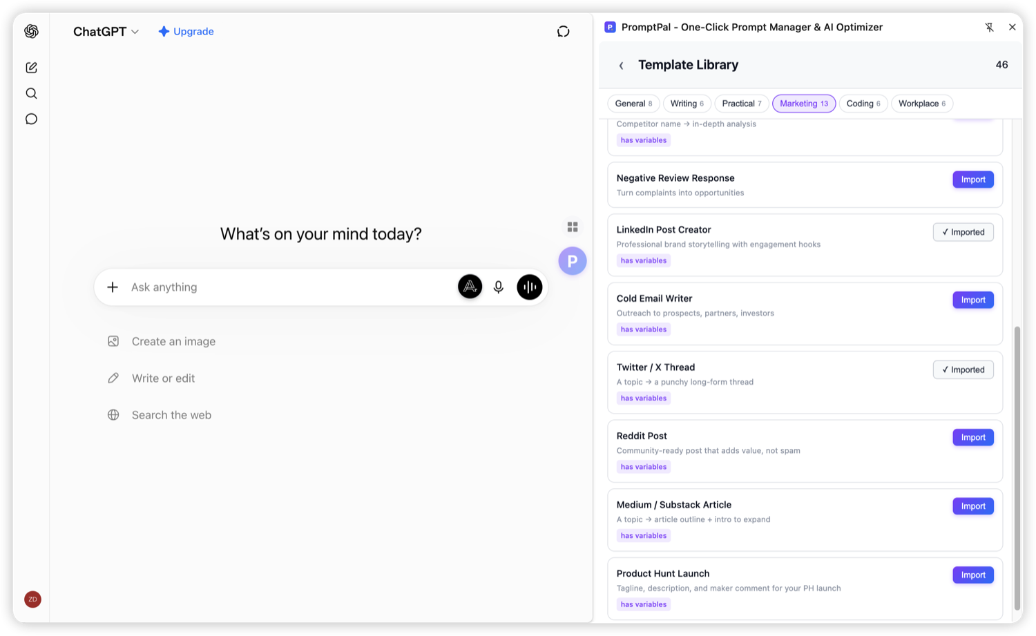 PromptPal curated template library: browse 49 hand-picked templates by category