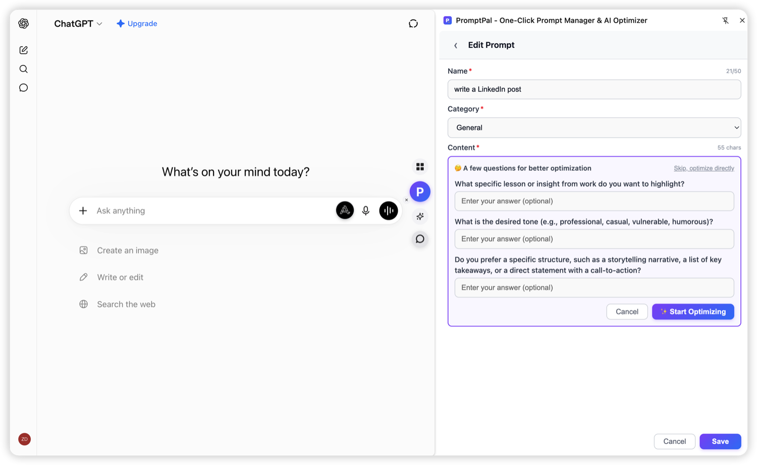 PromptPal refine: AI asks clarifying questions before rewriting your prompt